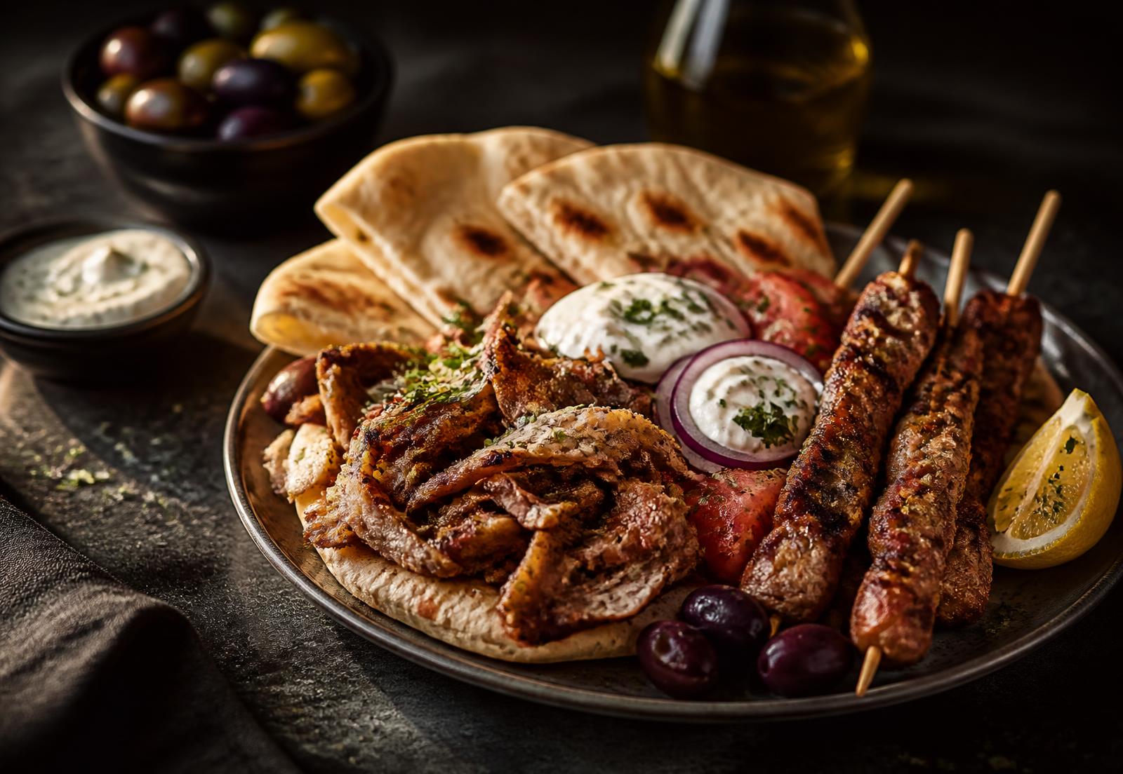 Gresk gyrostallerken med pita, tzatziki og souvlakispyd